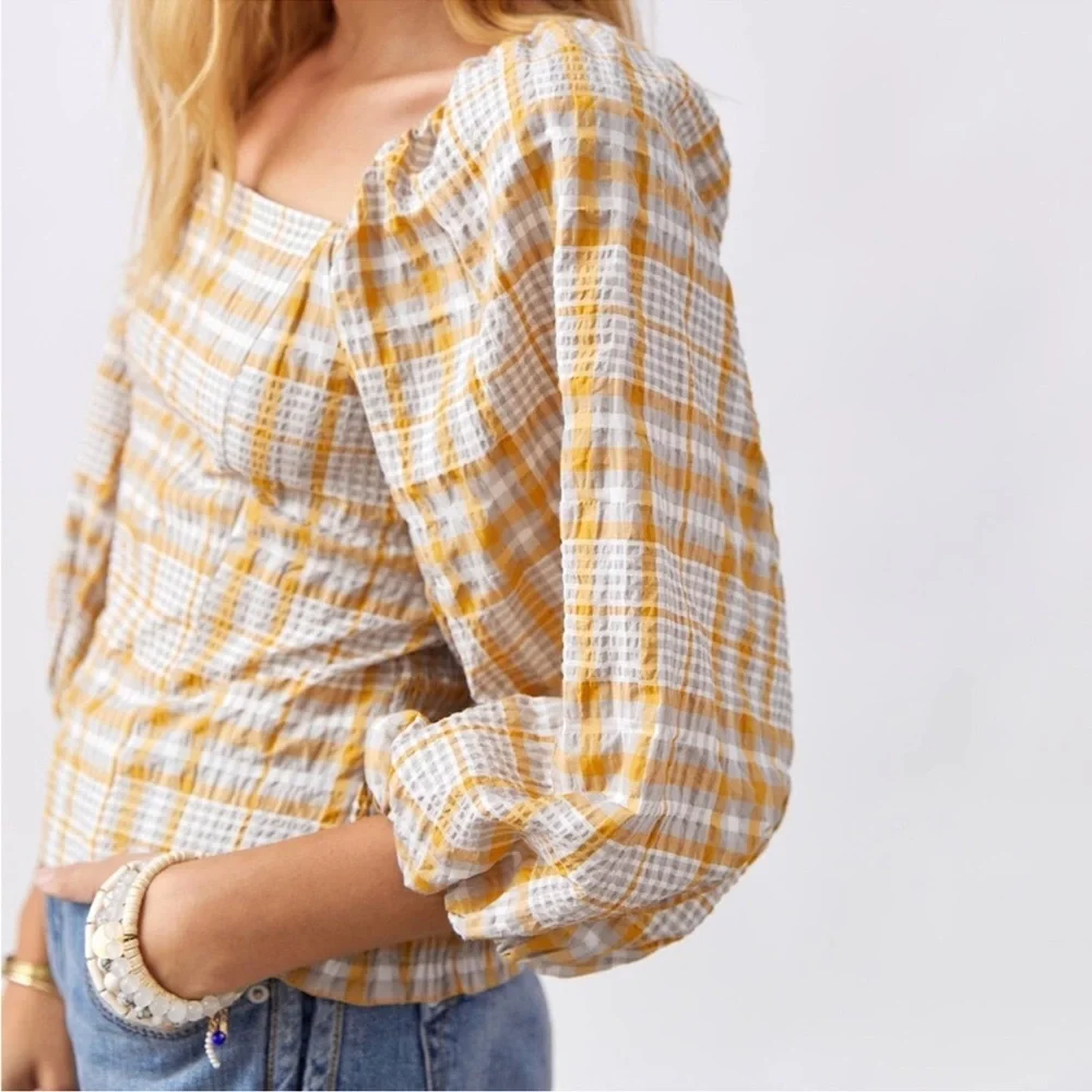 Anthropologie Yellow and White Plaid Puff-Sleeve Blouse